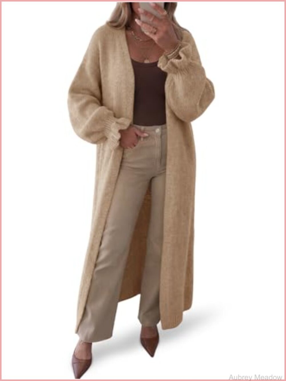 Oversized Open Front Knit Cardigan Sweater with Ruffle Cuffs Maxi Long